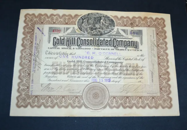 Gold Hill Consolidated Company 1913 antique stock certificate – North Carolina