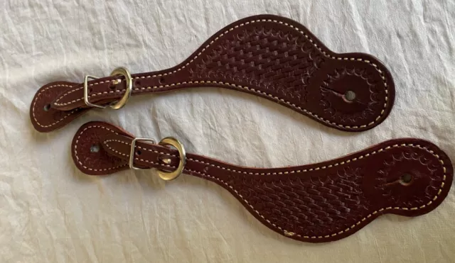MENS Genuine Leather Basketweave Tooled Western Pair Spur Straps
