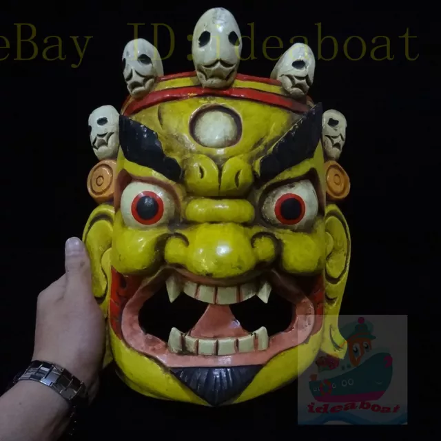 Wood Hand Carved Painted Tibetan Buddhism NUO MASK Walldecor-Mahakala Tall 31cm