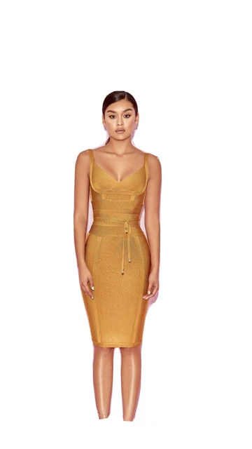 HOUSE OF CB Dress Belice tie Waist Bandage Dress Gold 16.00 PicClick UK