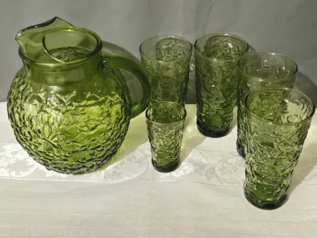 Anchor Hocking Lido Milano Avocado Green Crinkle Glass Pitcher & 5 Tumblers
