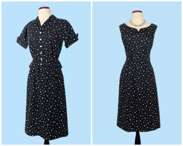 Vintage 1950s Black Polka Dot Day Dress Set 50s Wiggle Dress with Cropped Jacket