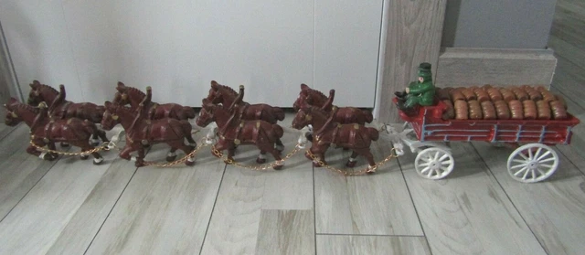 Vintage Cast Iron Beer Wagon with 8 Clydesdale Horses Dog and 28 Wood Barrels