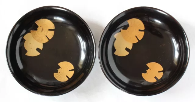 Japanese Lacquer Ware Wood Plate Black Gold ​Bird Plover 2pieces Vintage