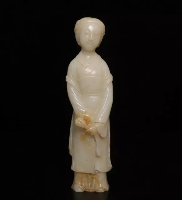 18.5CM Antique Chinese White Jade Statue w/ Lady