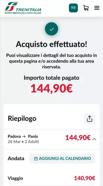 DUE BIGLIETTI FRECCIAROSSA Trenitalia Padova Paola 26 Marzo EUR 130 00 PicClick IT
