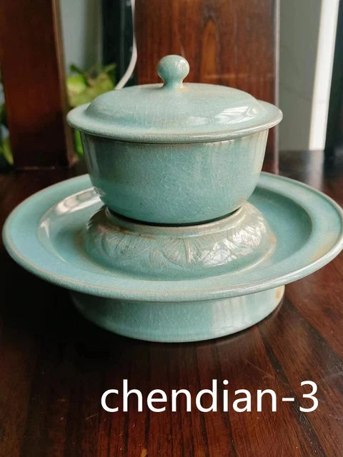 8" antiques Porcelain Mark Song Ru kiln crackle Tianqing Glaze Covered bowl 1