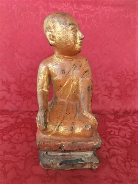 Buddha Disciple Sariputra 19th C. Carved Gilt Wood Statue Burmese Buddhist Art