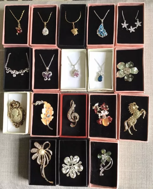 Brand New Job Lot 18 Pieces,9 Pendants & Chains,9 Brooches.Gold & Rhodium Plated