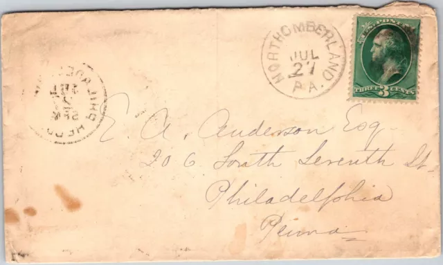 1892 Northumberland Pennsylvania Envelope & Washington Stamp July 27, 1892