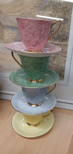 Vintage Royal Albert China 4 Tea Cups & Saucers Gossamer Harlequin
