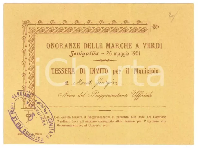 1901 SENIGALLIA Comitato Verdiano Onoranze delle Marche a Giuseppe VERDI Tessera