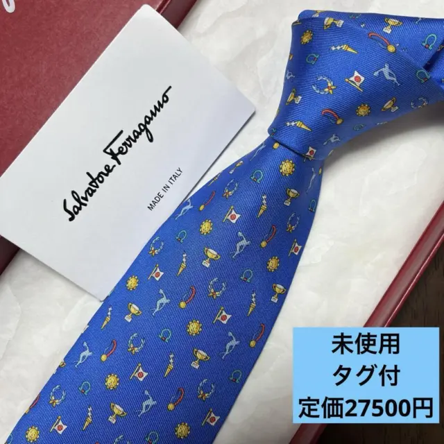 Salvatore Ferragamo Tie Silk Blue Gancini Print Italy Men Necktie No Box #S007