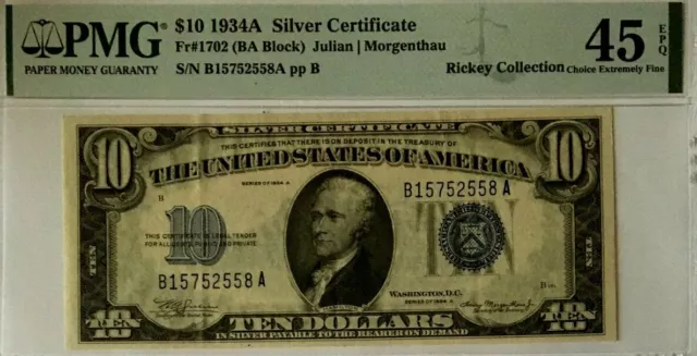 1934A $10 Pmg45 Epq Choice Extremely Fine Silver Certificate.      3805