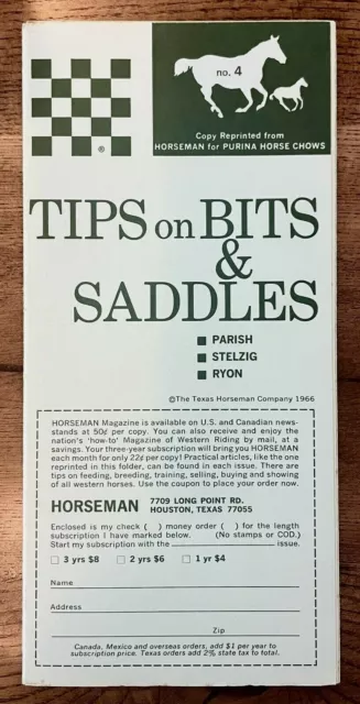 1966 Bits & Saddles Horse Tips Vintage Texas Horseman Brochure Purina Chows Ryon