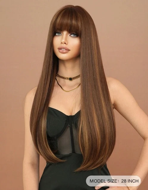 Perruque Longue Brune Ondulée Avec Frange - Synthétique, Bonnet +4 - Pour Femme