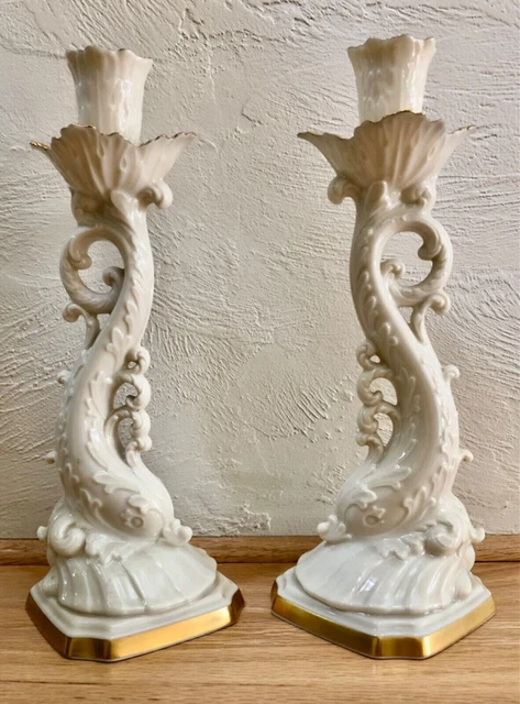 Pair Lenox Aquarius Collection Dolphin Candlestick Holders Gold Trim 10” tall