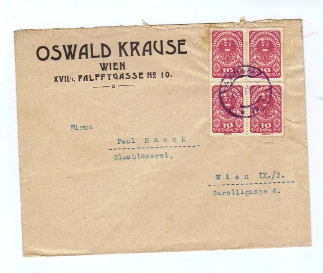 Österreich, 1923, Geschäftsbrief frankiert mit 4er Block 10Heller /MiNr.259