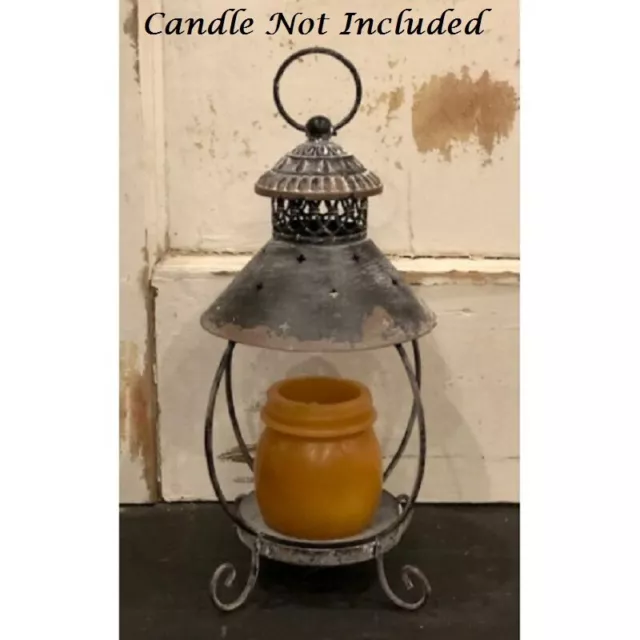 NEW Primitive Lantern Gray Metal Rustic Farmhouse Open Sides 9" Tall Distressed