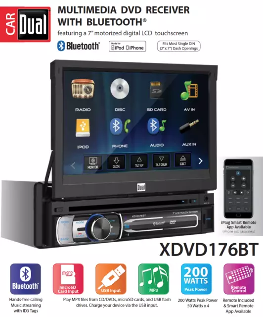 NEW DUAL XDVD176BT 1 Din CD DVD Player Receiver USB AUX Bluetooth Camera Input