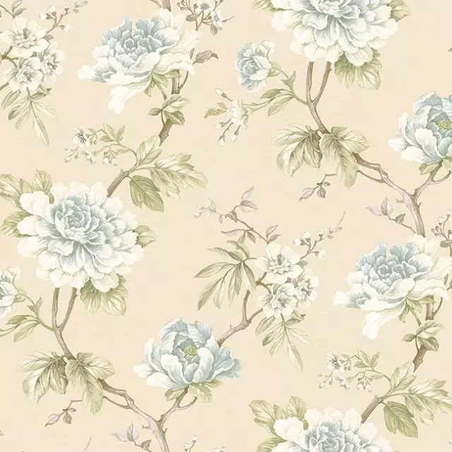 Wallpaper Large Cream White Blue Floral on Green Leaf Vine on Cream Faux