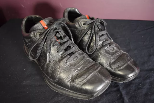 Vintage Prada Black Leather Trainers w/ Red Prada Logo Stripe UK 6 (EU 39) Worn