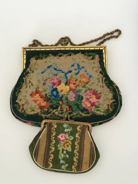 Vintage Alte Kleine Handtasche und Geldbeutel Blumen Grün