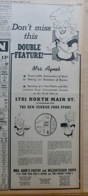 Large 1938 newspaper ad for Mrs. Agne's Pastry Deli opening in Racine WI
