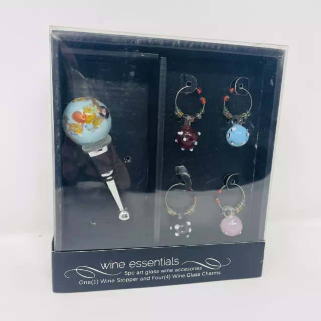 Juego de accesorios de vino de 5 piezas copa de arte Wine Essentials tapón de vino y 4 dijes