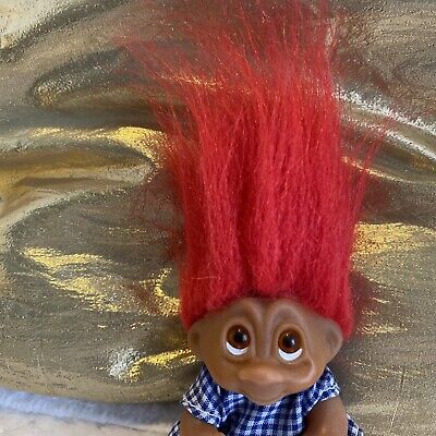 Vintage 1985 Dam Norfin 4” Troll Doll Red Hair Blue Checked Dress 3