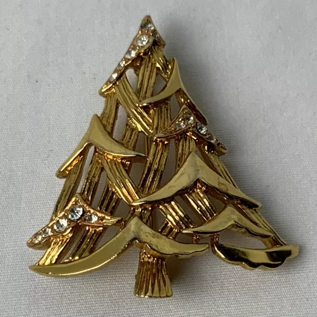 Vintage Corel Gold Tone Rhinestones Christmas Tree Holiday Pin Brooch Signed