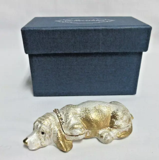 DZ Basset Hound Dog Pewter Enamel Hinged Jewelry Trinket Box Jeweled Rhinestones