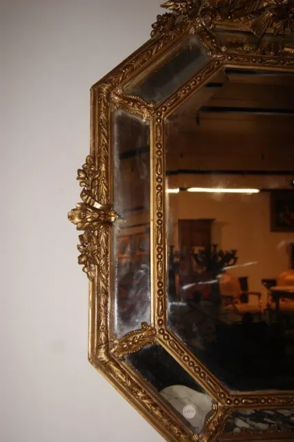 Stupenda Antica Specchiera Ottagonale francese Luigi XV dorata foglia oro cimasa 3