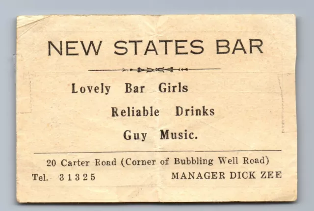 C.1940 New States Bar Girls Kowloon Hong Kong China, Map, Advertising Card F1