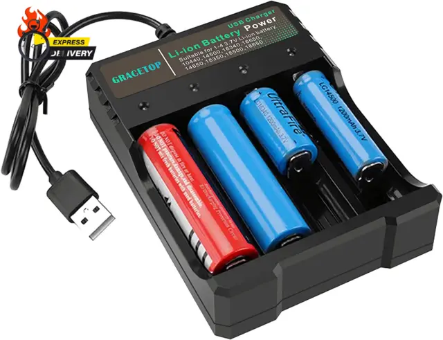 18650 Battery Charger 4-Bay 5V 2A for Rechargeable Batteries 3.7V Li-Ion TR IMR