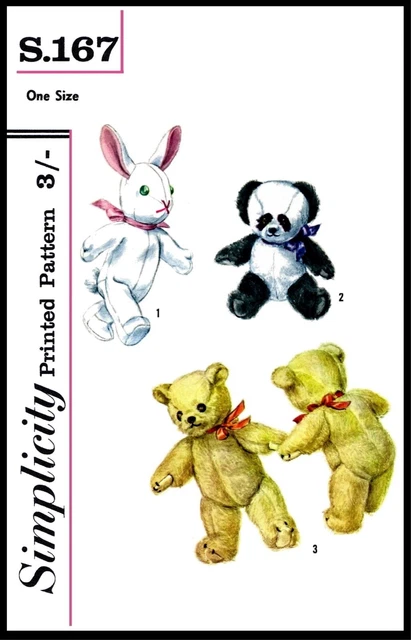 Simplicity #S.167 Teddy Bear Panda Rabbit Fabric Sew Pattern Stuffed Animal Toy