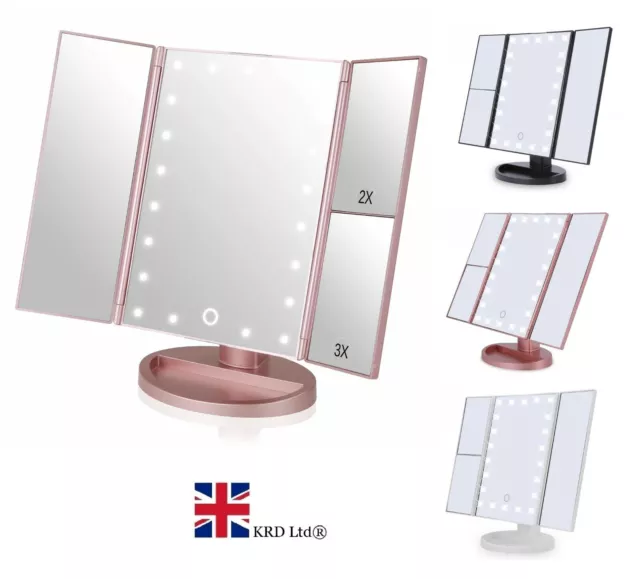 22 LED MAKE-UP FOLDABLE VANITY MIRROR Tabletop Light Up Cosmetic Touch Screen UK