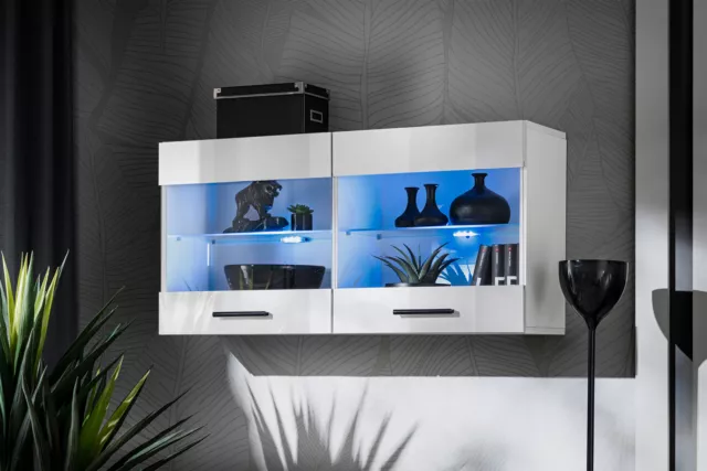 Wall Display Savona Cabinet Unit Glass Shelves Cupboard Storage Living Room LED