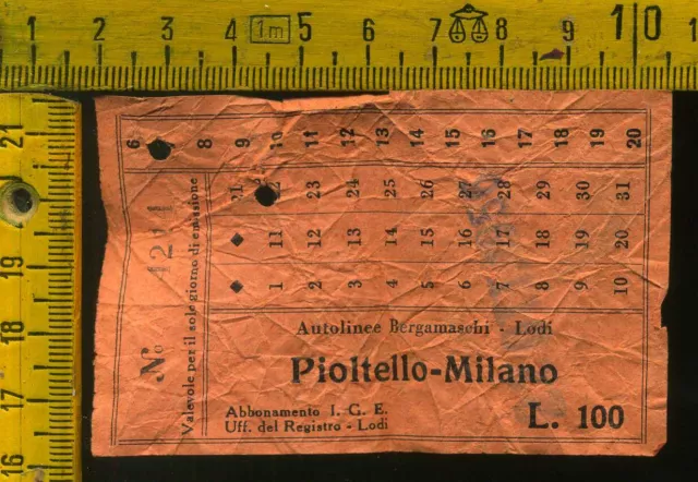 Biglietto Trasporti Autolinee Bergamaschi Lodi Pioltello Milano j 485