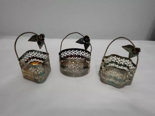 Vintage Ornate Metal 4" Basket Trinket Coin Tealight Christmas lot 3 Victorian