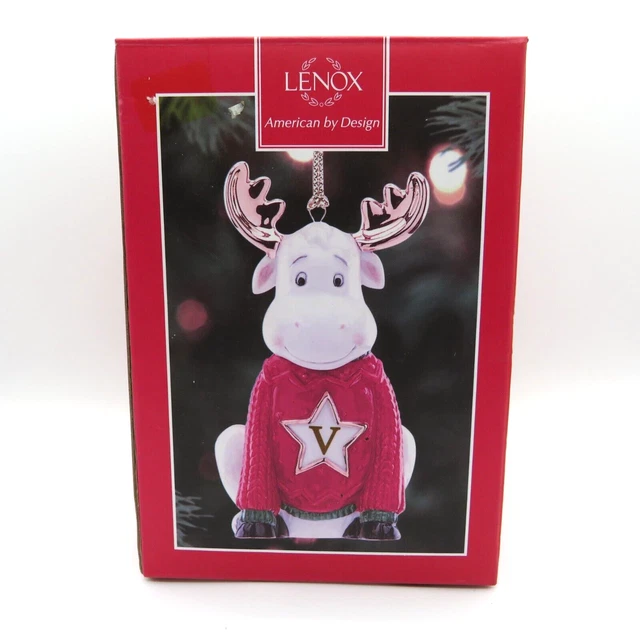 Lenox Monogram Moose Initial "V" Porcelain Christmas Ornament Original Box