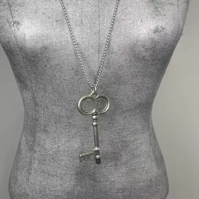 Chico's long burnished silver tone pendant necklace KEY signed jewelry versatile