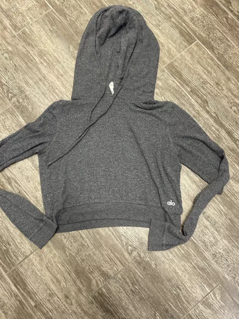 Alo Yoga Hoodie Women's (M) Gray Cropped Sweatshirt Athleisure Pullover