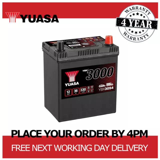 12V Car Battery, Type 054, Yuasa YBX3054, 36Ah 330CCA Sealed Calcium