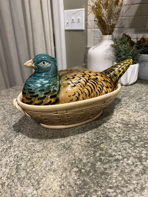 Vintage Antique French Majolica Pheasant Tureen by Sarreguemines 1930’s
