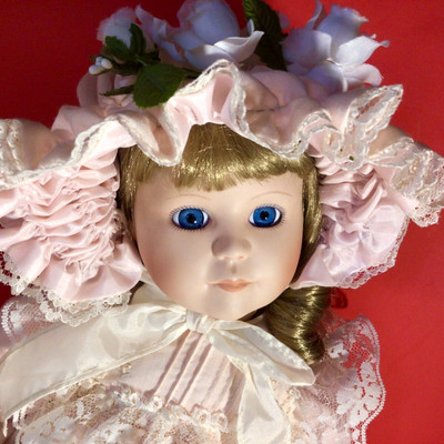 Jan Hagara Porcelain Doll Blonde Hair Blue Eyes  19" Flower Girl 1988