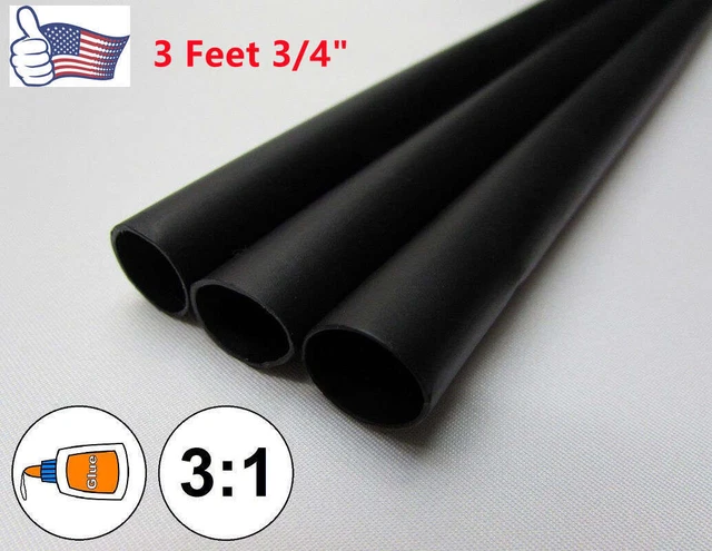 (3 FEET) 3/4" Black Heat Shrink Tube 3:1 Dual Wall Adhesive Glue Marine/to 0.75"