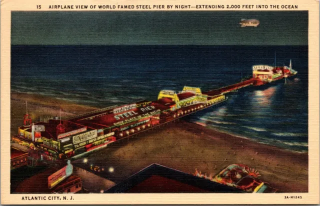Atlantic City NJ Airplane View Of World Famed Steel Pier By Night Postcard