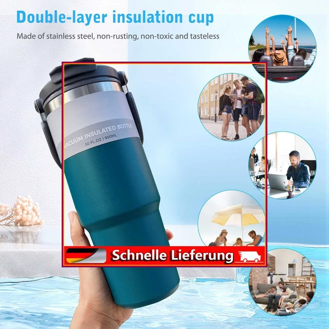 Taza de café termo viaje de gran capacidad, coche de bebida doble (azul, 9