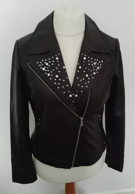 LAKELAND - Biker Style REAL LEATHER Jacket Black Studs Diamante's Size 12 'NEW'